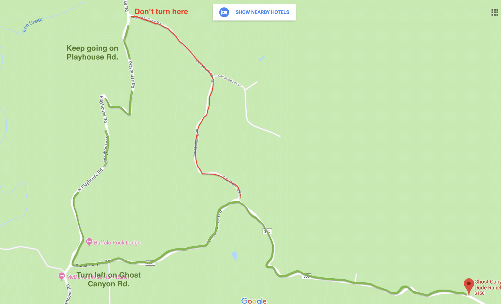 Recommended route to the Ghost Canyon Dude Ranch