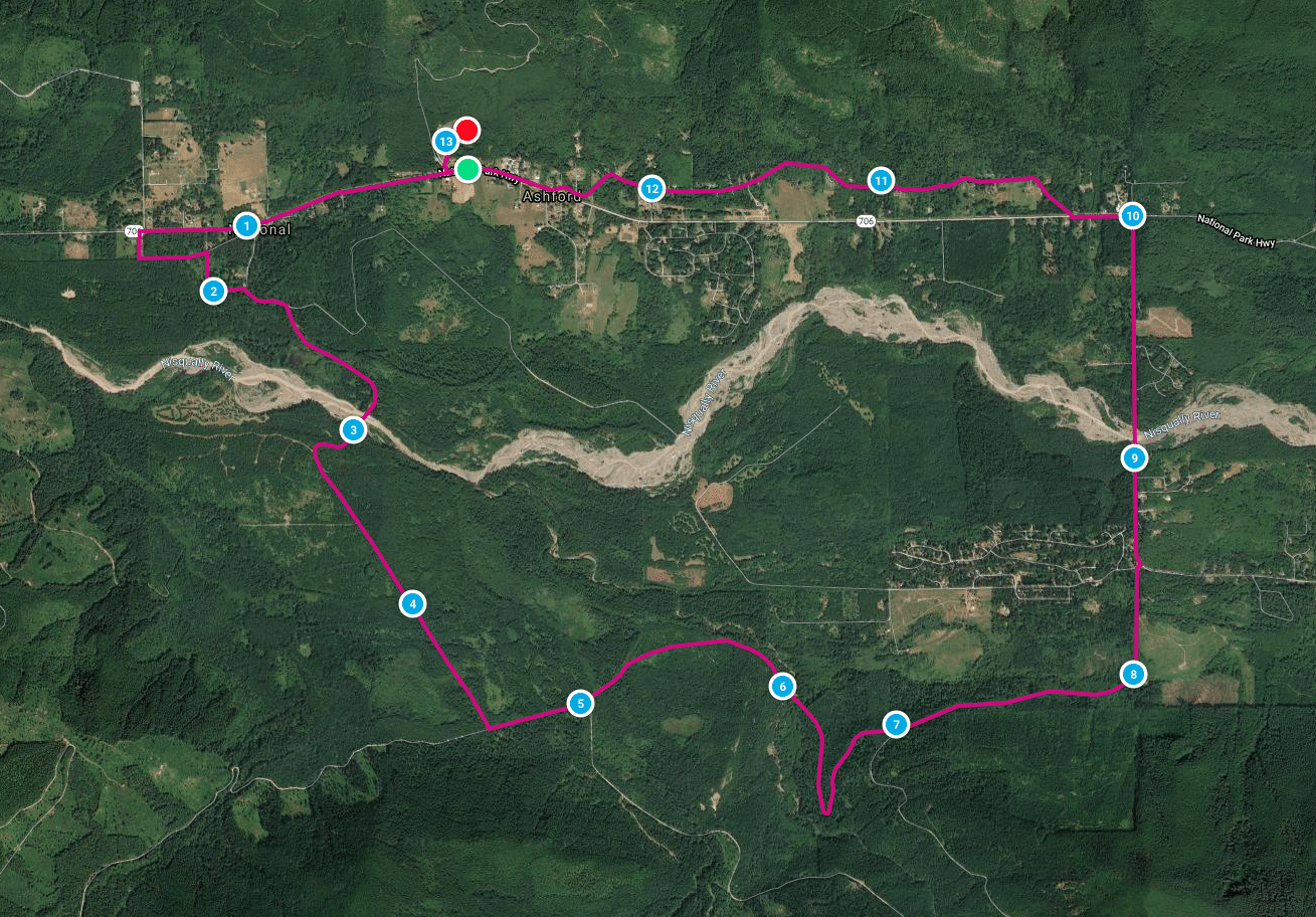 Satellite map of the Mount Rainier half marathon course through Ashford, Washington