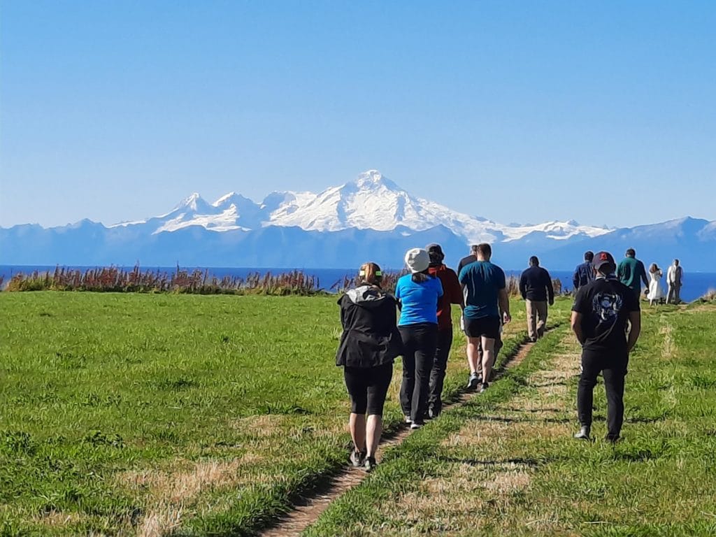 Runners walk on a grass expanse towards a wide open view of Denali in a blue sky