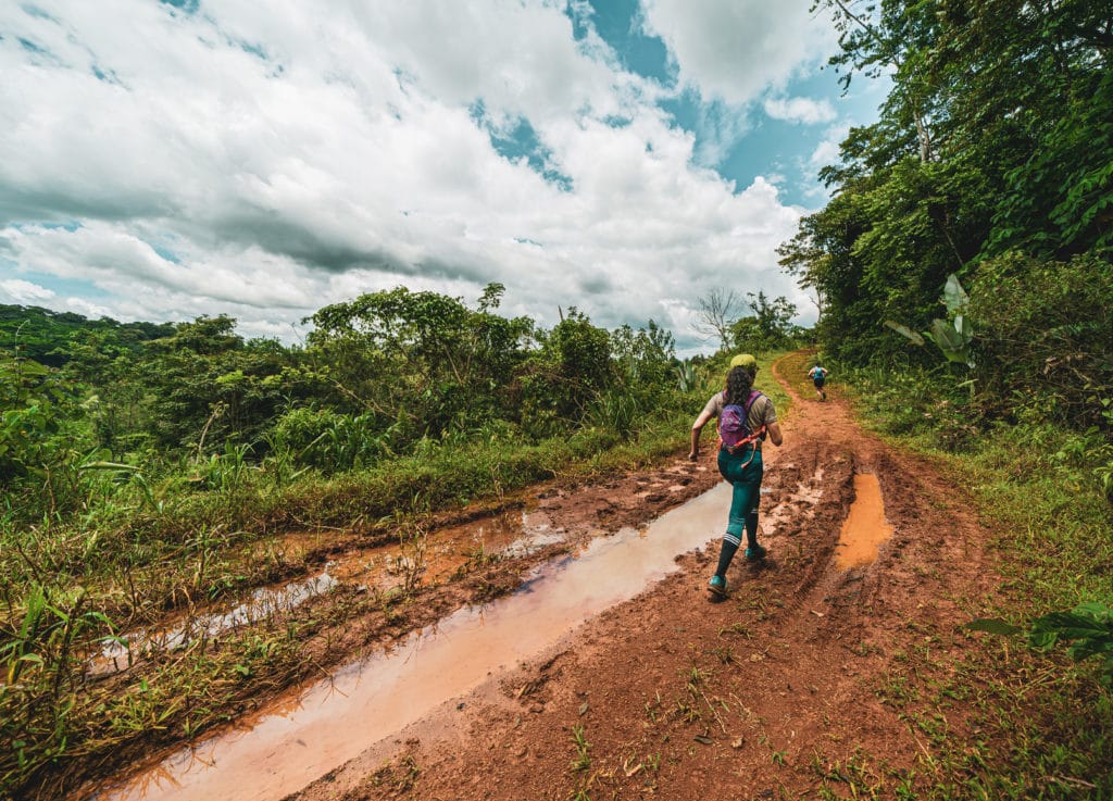 a runner in a tropical area running 