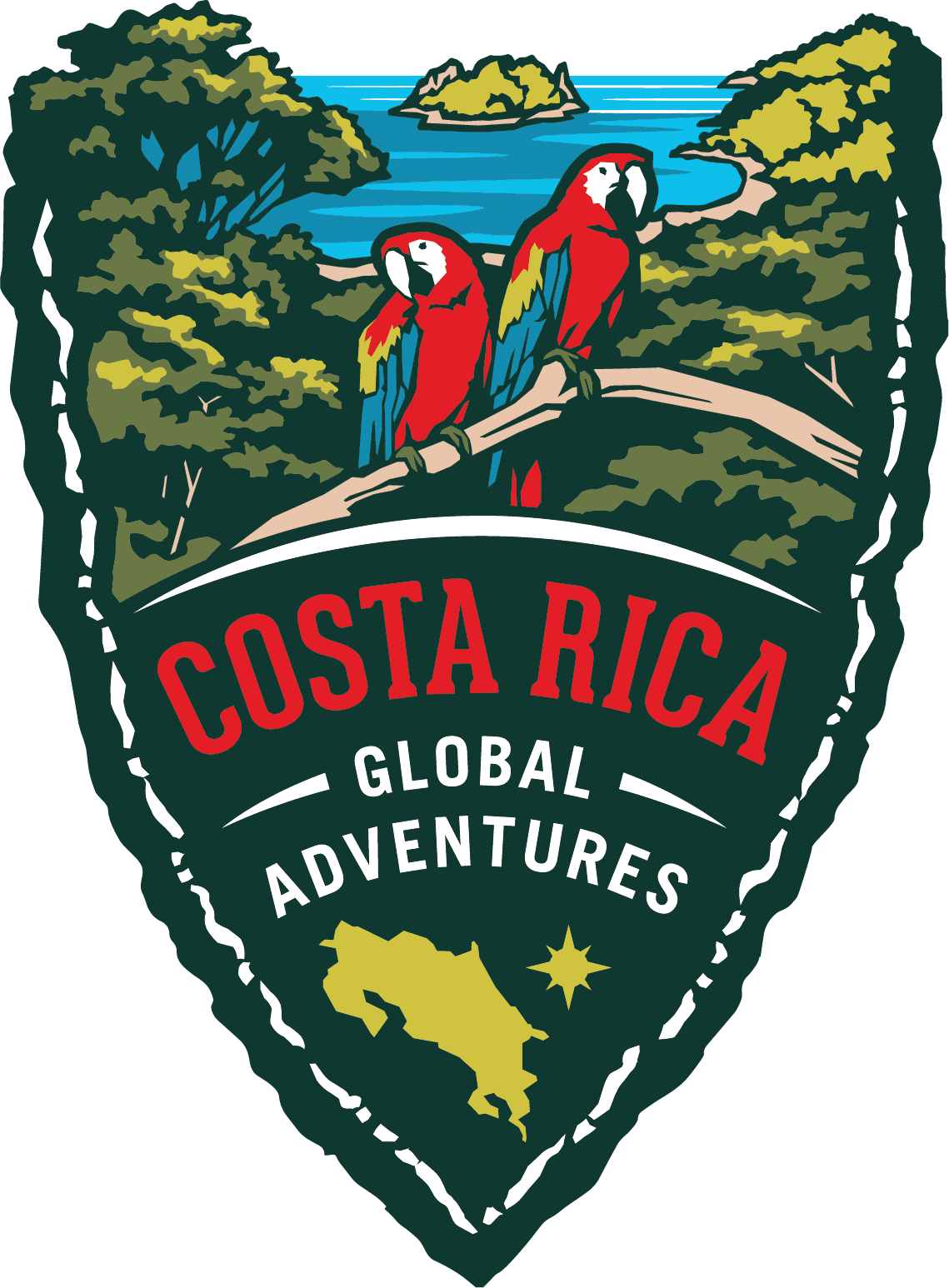 CR Guanacaste Logo Badge showing two parrots with a Costa Rica beach behind them