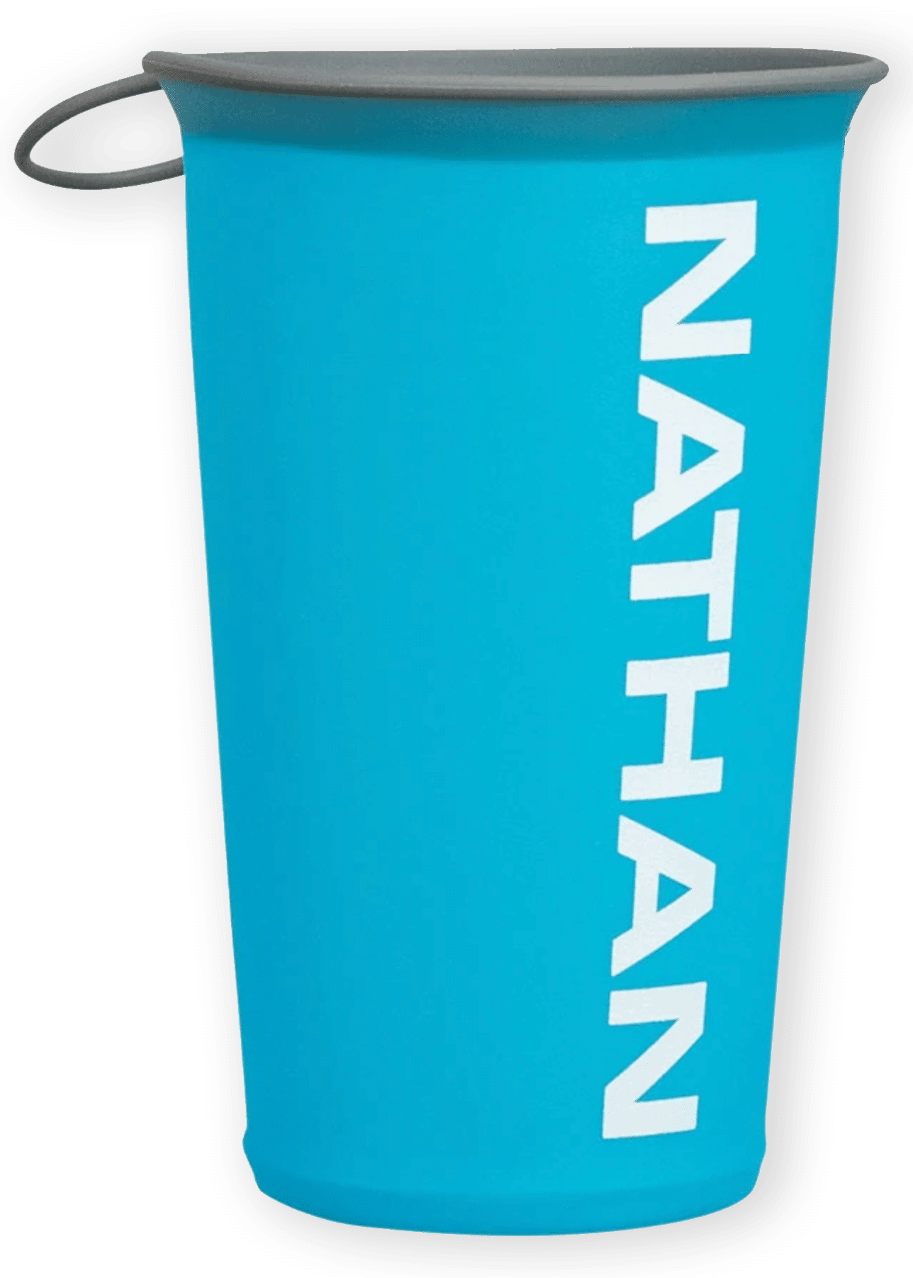 Reusable Cup-shadow2 image of a blue foldable cup with the Nathan brand name on it