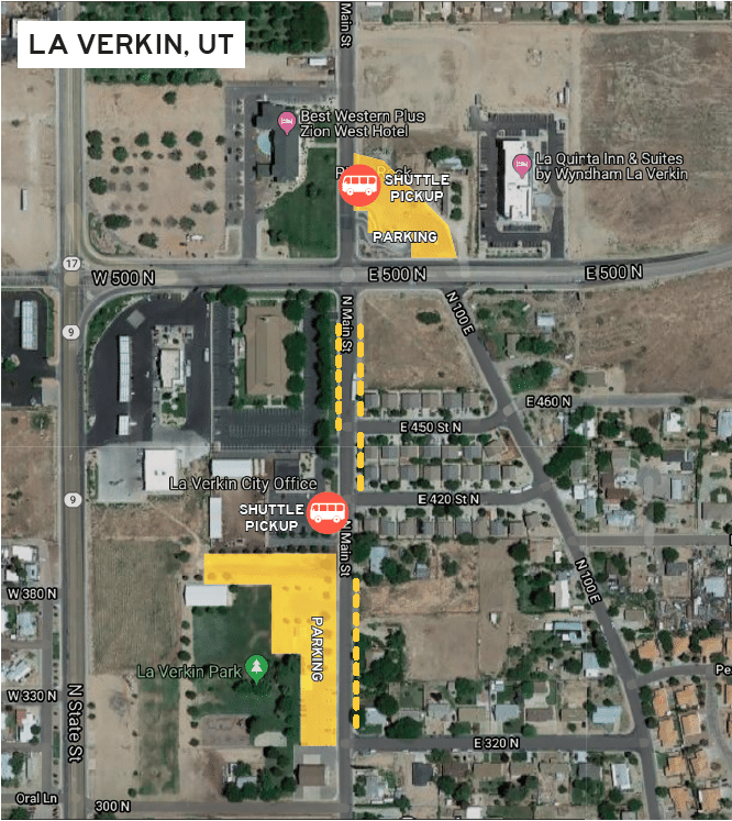 Map showing parking ares for the shuttle pickup in La Verkin