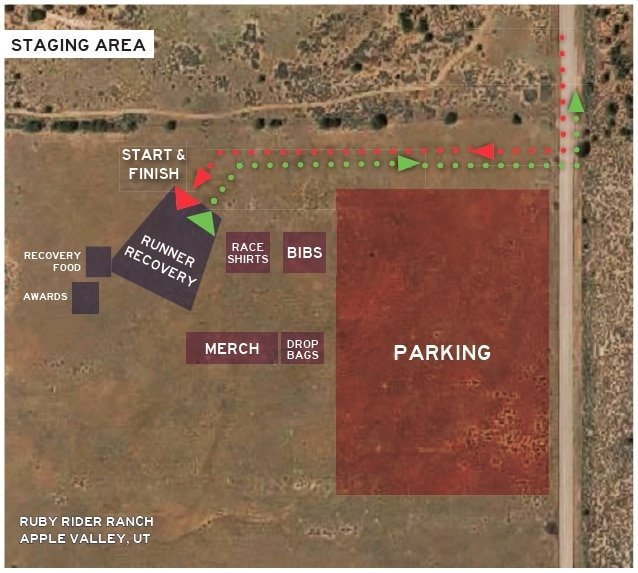 2022 Zion Ultras Staging Map of the parking and start-finish line area in Virgin, UT