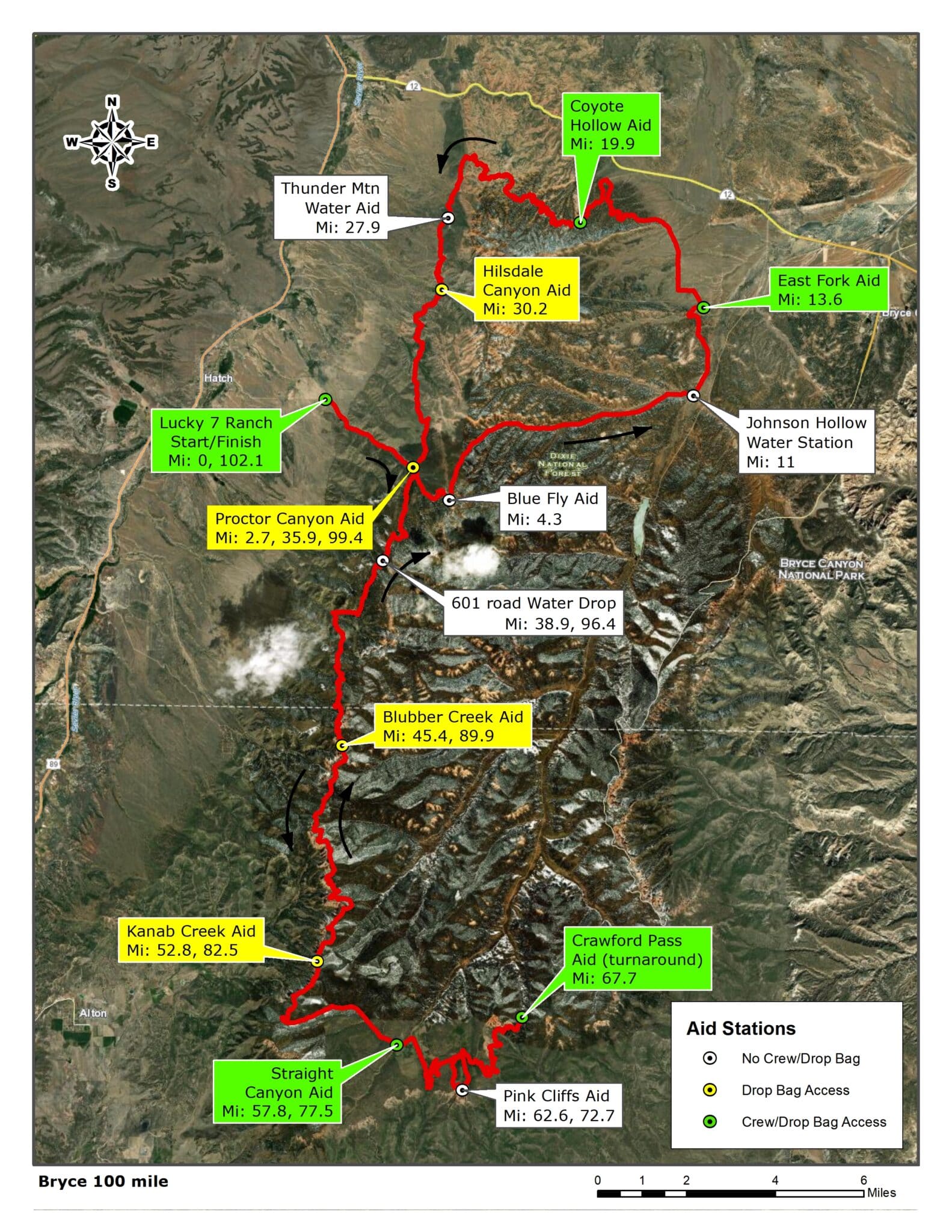 2022 Bryce_100mi Satellite map fo the Bryce 100 Mile course with aid station locations marked