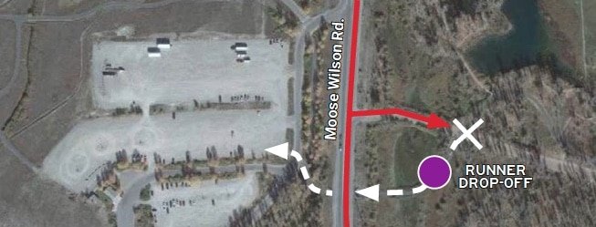 Map of Moose Wilson Rd. where runner drop off is located across the street from the start line entrance