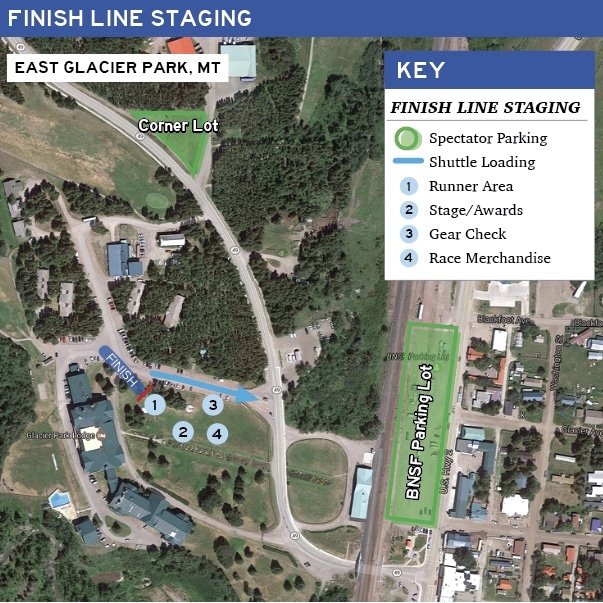 Map of the parking lot across from the finish line at Glacier Park Lodge