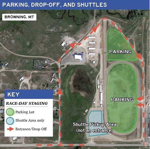 Map of the parking area within Charging Home Stampede Park in Browning Montana