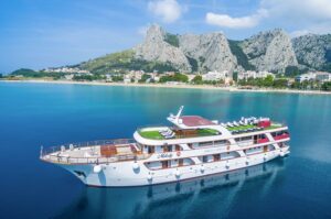 Aerial view of a charter yacht in the water