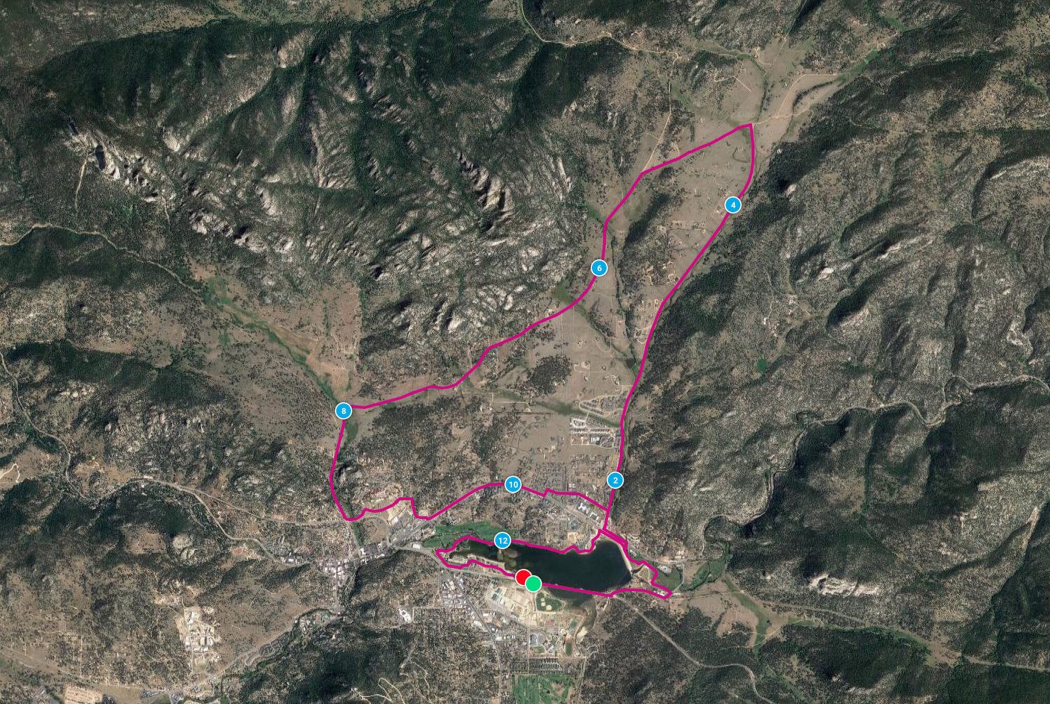 Satellite view of the Rocky Mountain half Marathon course around Lake Estes and surrounding areas