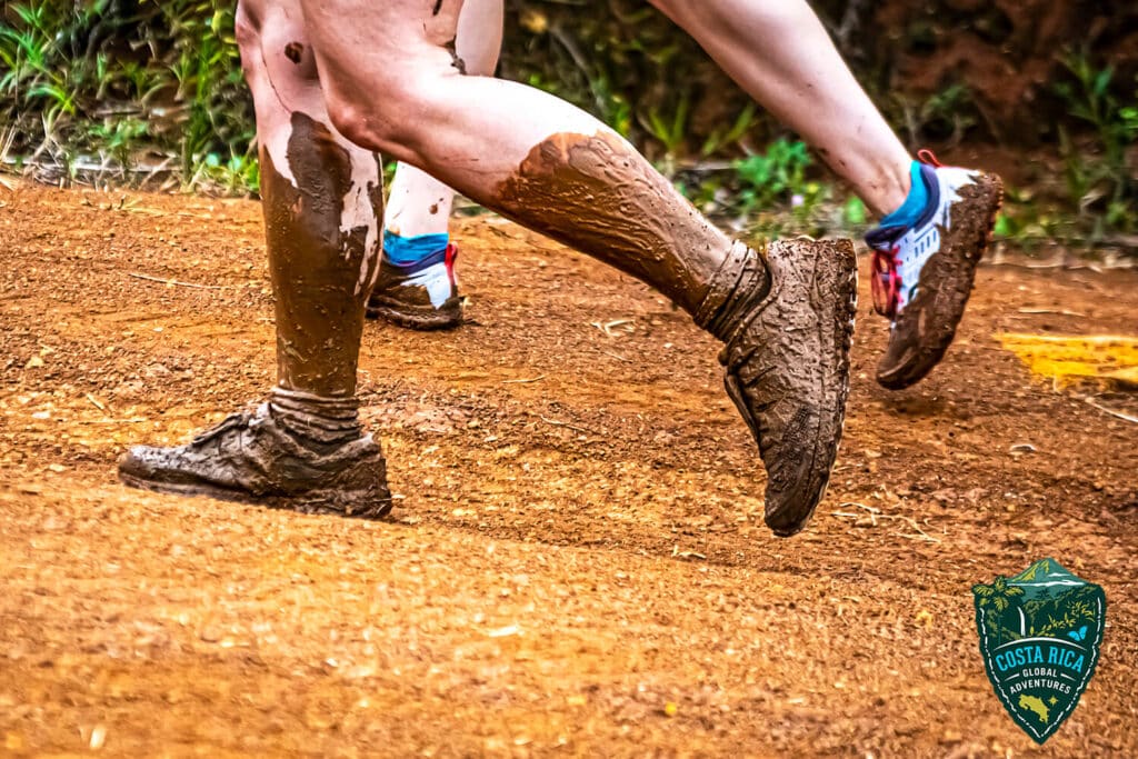 A pair of legging running with mud on them