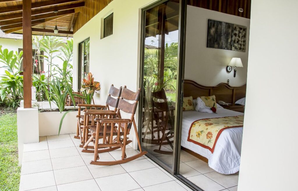 The back porch of a double occupancy cabin at Arenal Paraiso