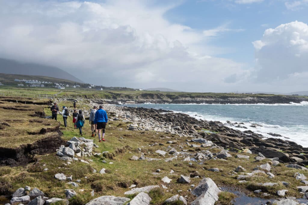 a windy seaside trail with rocks and waves crashing