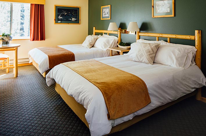 A rustic, bright double hotel room with hood accents