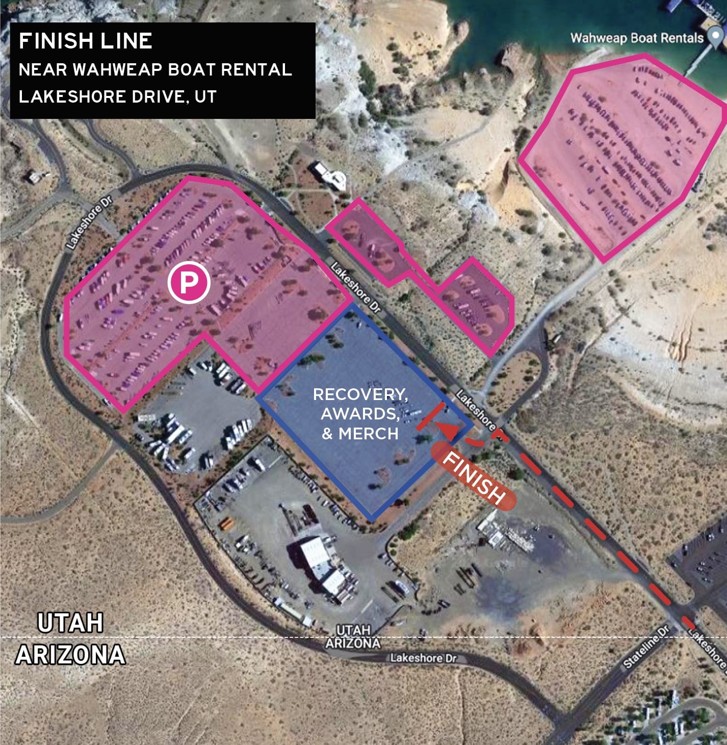 Lake Powell-Parking Finish Line Aerial map of parking lots along Lakeshore Drive with access to the finish line