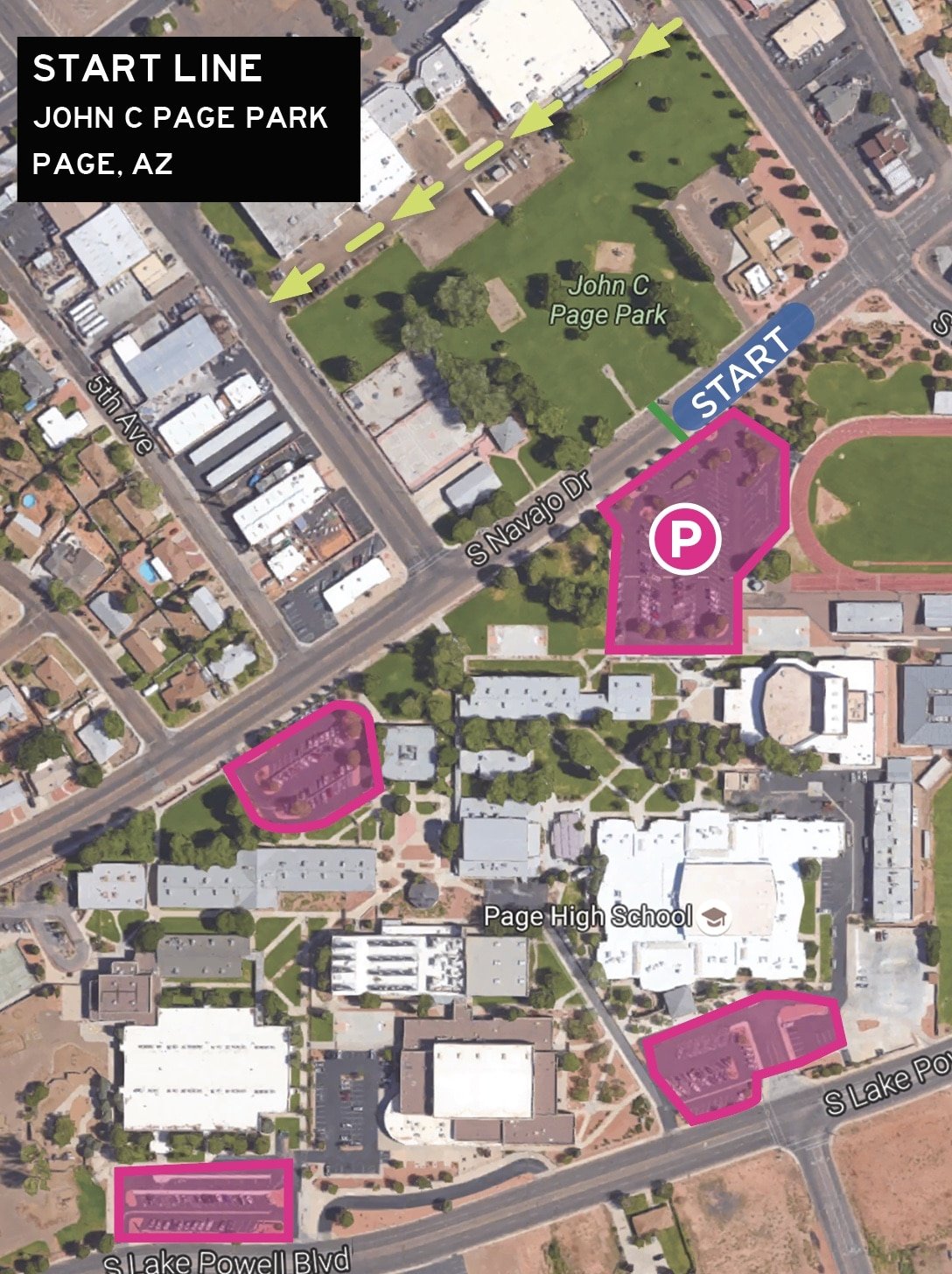 Aerial map of parking lots near John C Page park in Page, Arizona