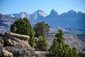 An imposing landscape of the Wire Mesa ledge on the Zion trail at Kanab Trailfest