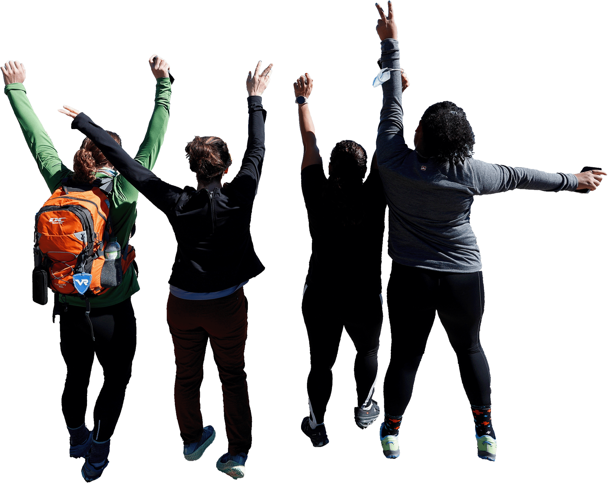 Friends-Patagonia Group of young women travelers with their arms in the air