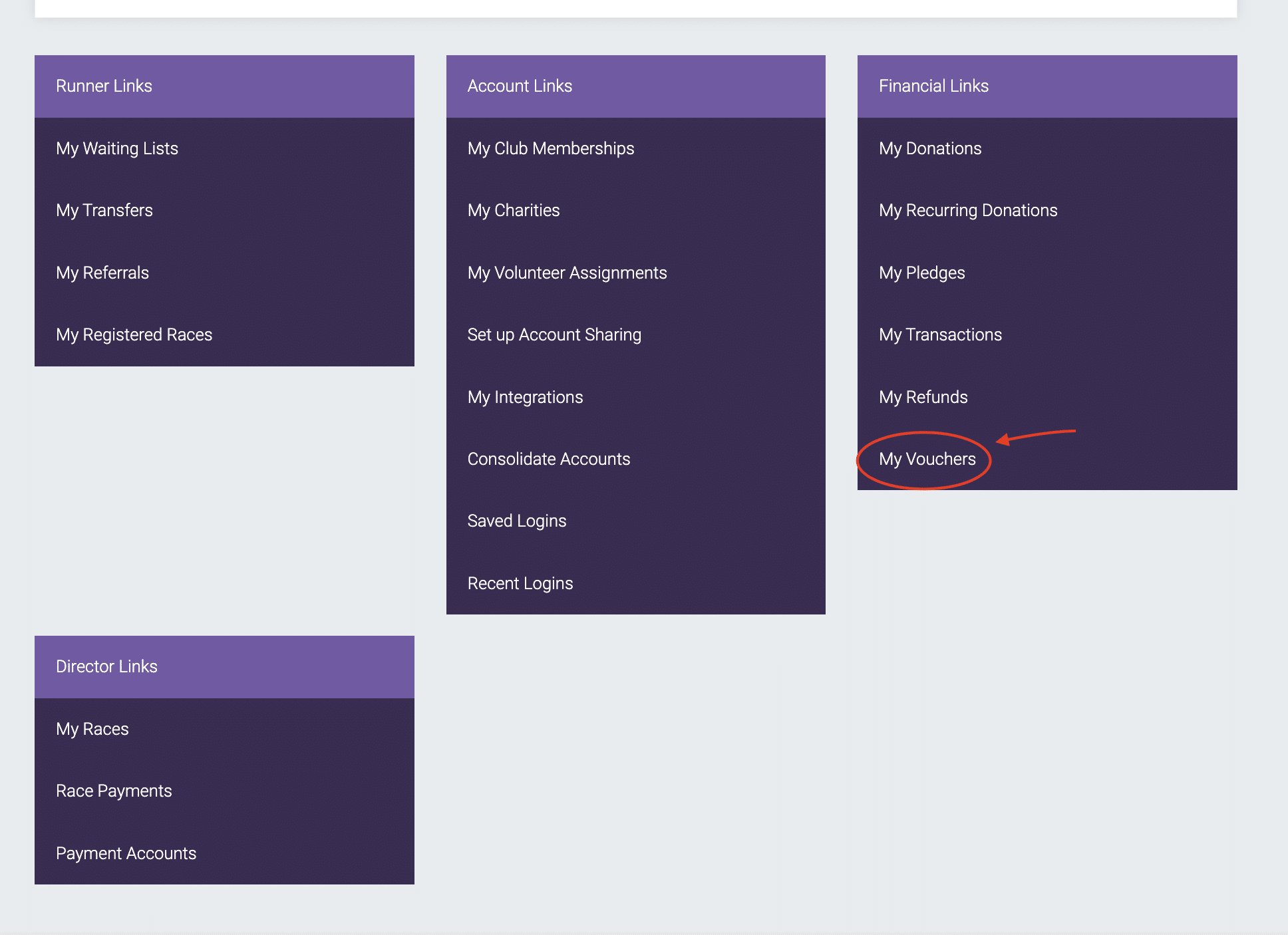 Deferral - My Vouchers under Financial Links The bottom of the RunSignup User Profile page with the My Vouchers link circled in the Financial Links section