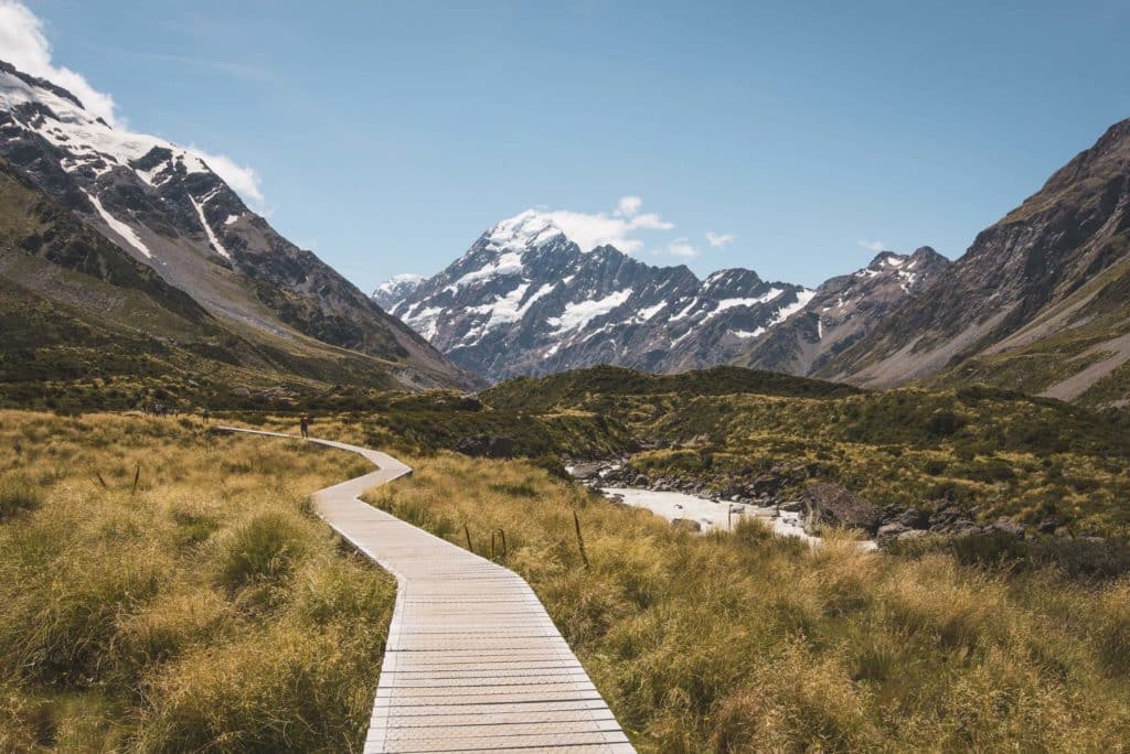 A boardwalk stretches into the valley in southern New Zealand