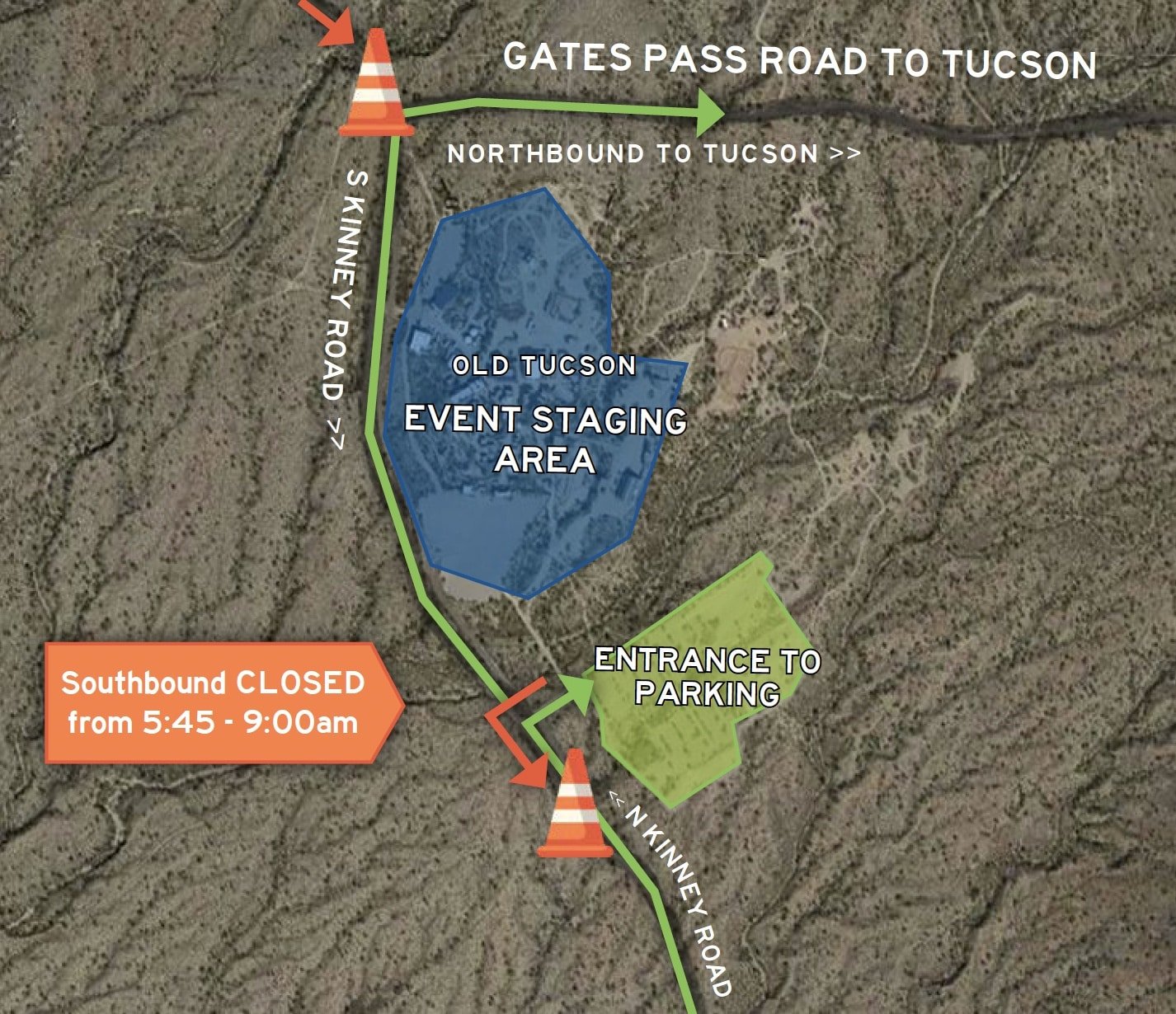 Map of Kinney Road showing that southbound Kinney will be closed on race morning.