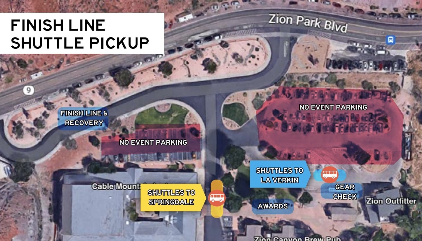 2023 Zion Finish Line Shuttle Map Map of the shuttle pickup locations returning runners to Springdale and La Verkin at the Zion Half Marathon finish line