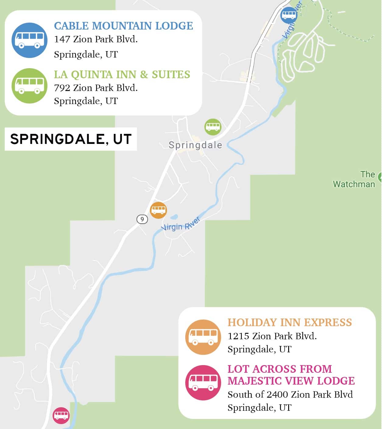 2023 Zion Alternate Springdale Shuttle Map Map showing shuttle pickup and dropoff locations along Zion Park Boulevard at Cable Mountain Lodge, La Quinta, Holiday Inn Express, and the small lot near Majestic View Lodge.