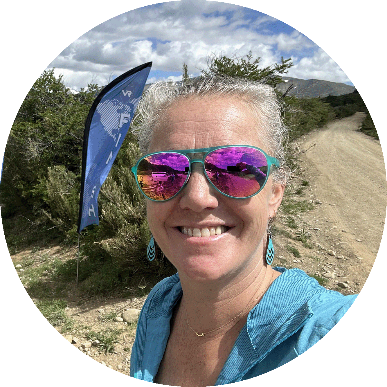 Cherie 2023-scheduling circle Cherie on the trail at the Patagonia Global Adventure
