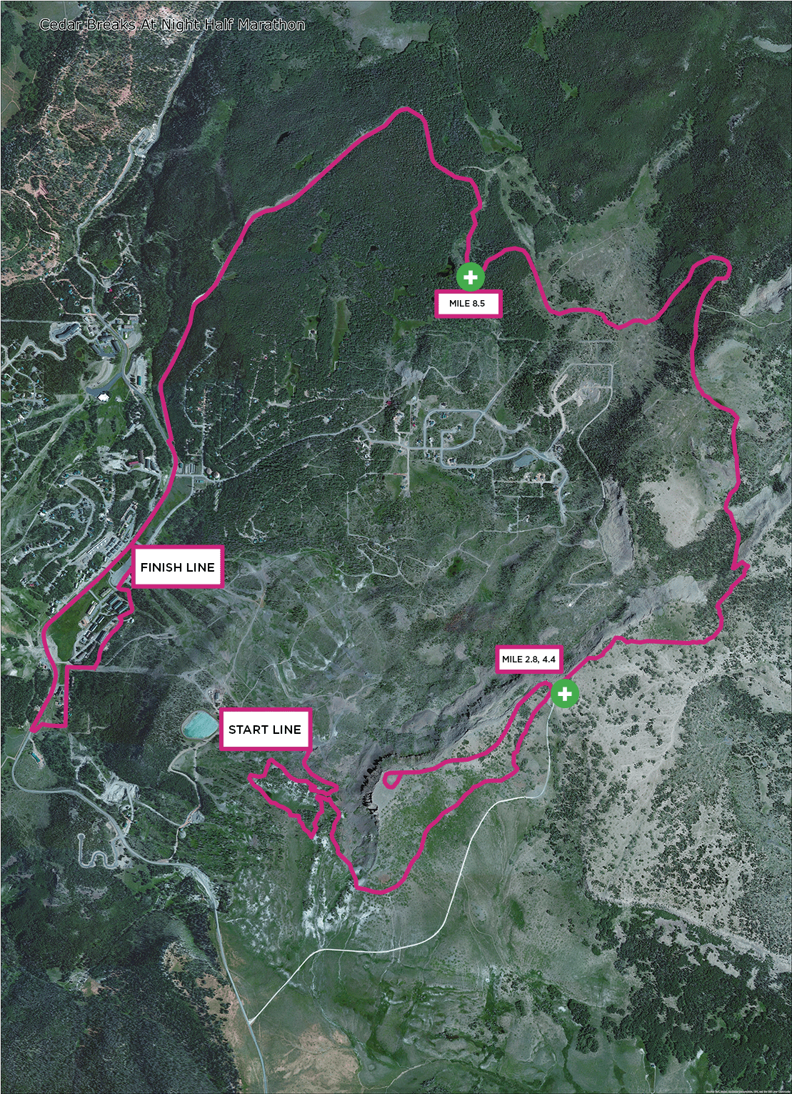 CedarBreaksAtNight_2023 Route_A 2-update0821 Map of the 2023 Cedar Breaks Course Route showing aid stations at miles 2.8, 4.4, and 8.5