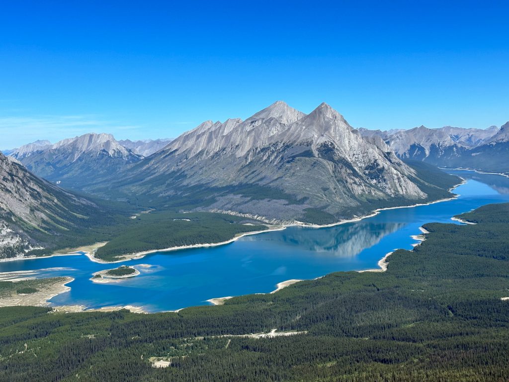 Aerial view of the greta Kananaskis lake where Vacation Races runners explore