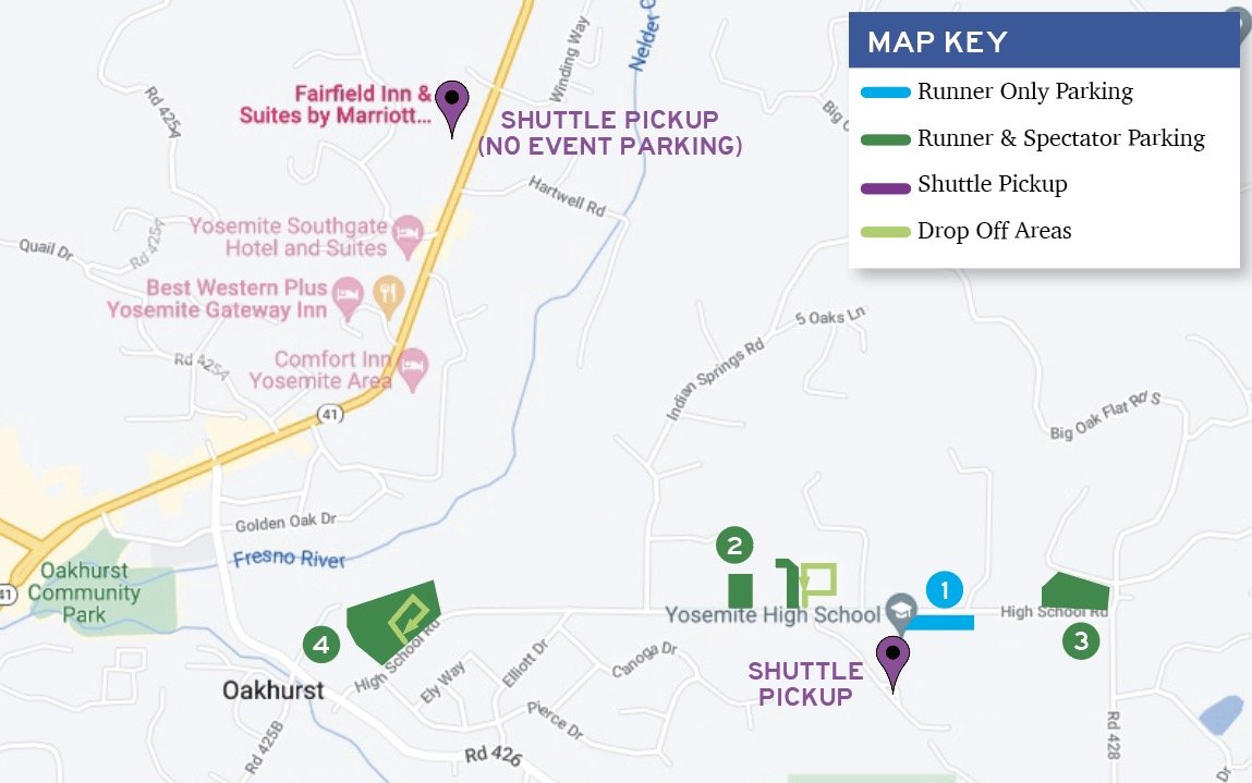 Screenshot Map of event parking options in Oakhurst, including shuttle pickup at Fairfield Inn and Yosemite High School