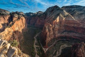 A long view down into Zion canyon from the Angels Landing trail